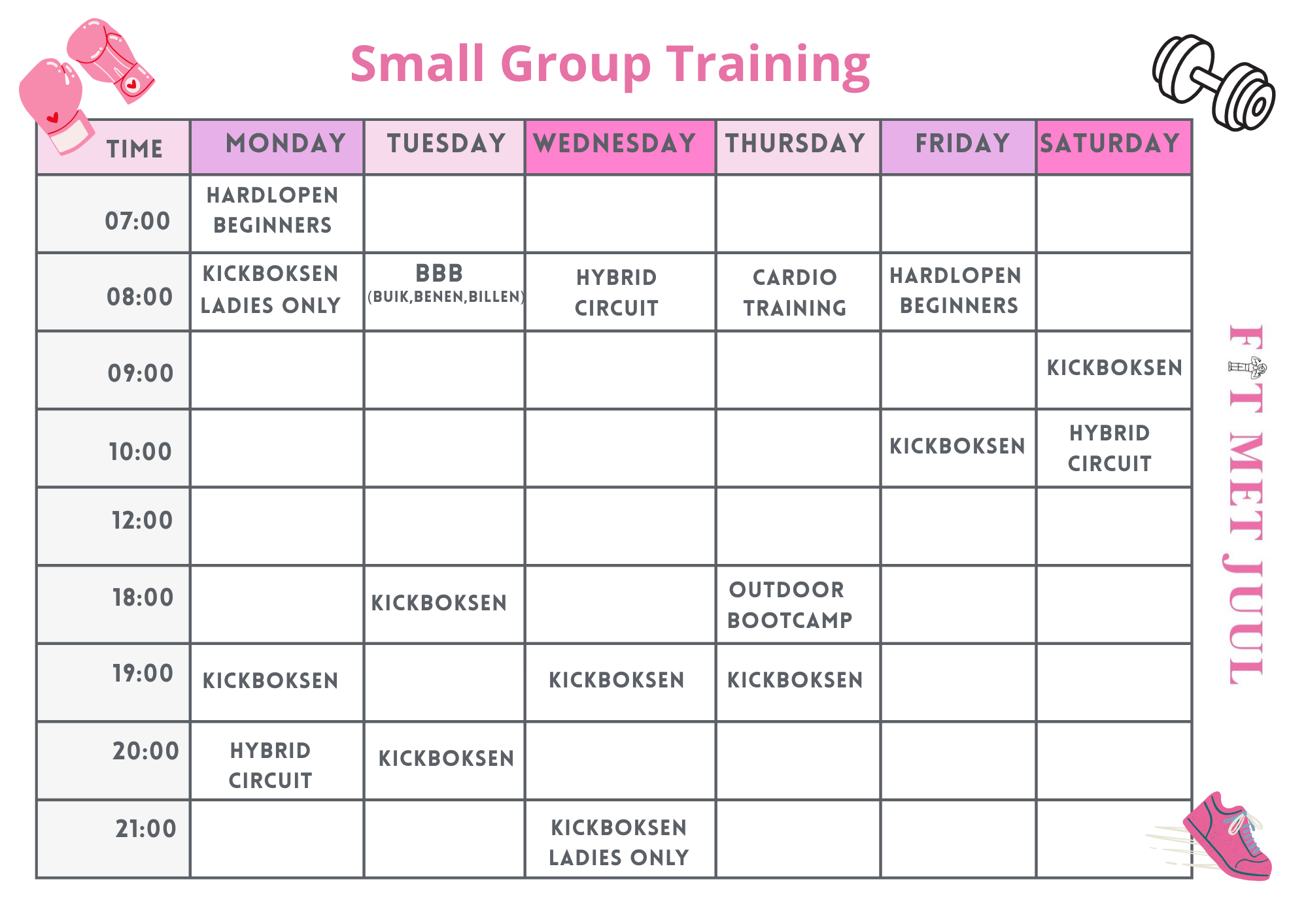 Fit met Juul Small Group Trainings schema in een overzichtelijke tabel met tijden en activiteiten